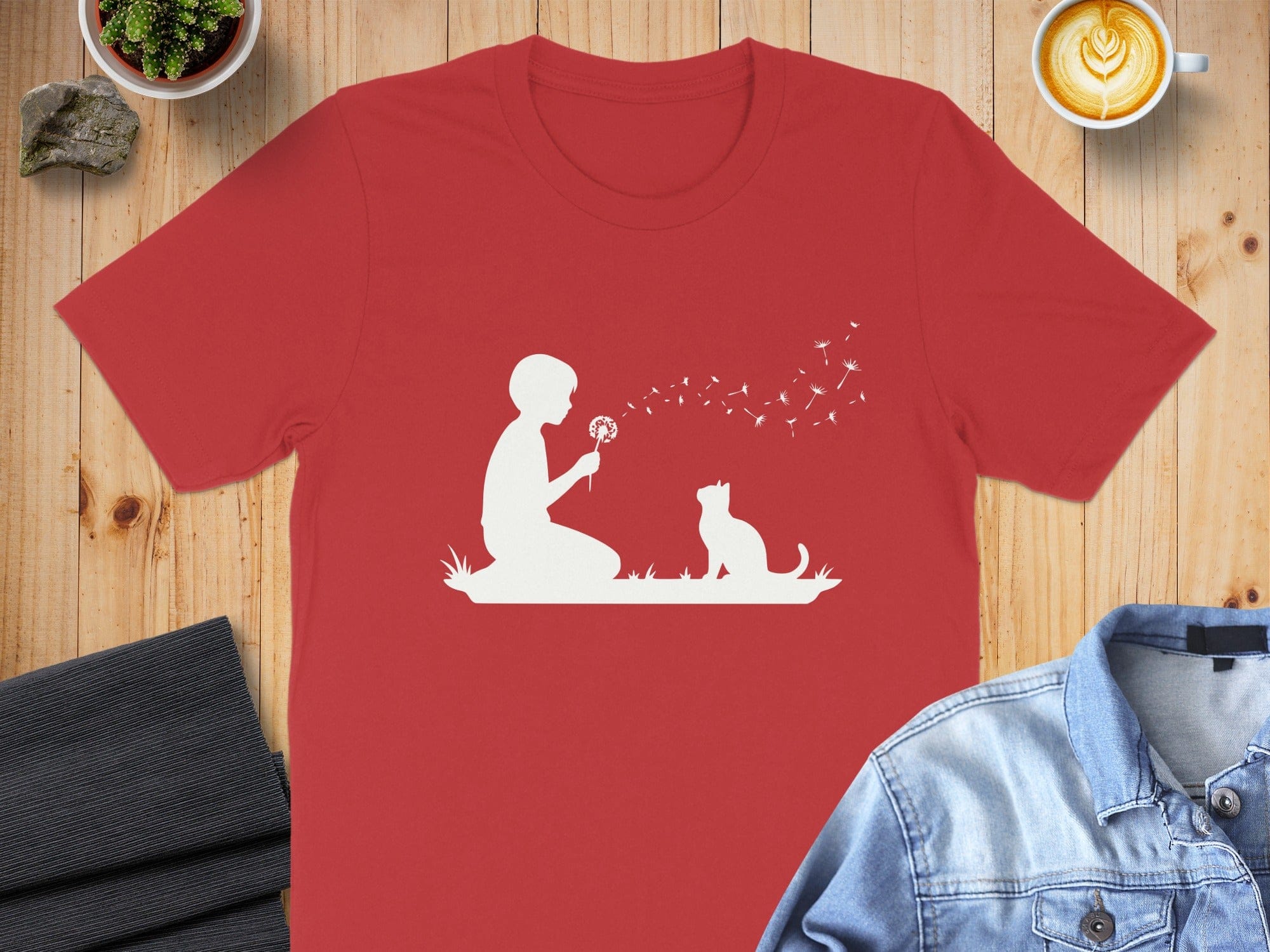 Boy and Cat with Dandelion Graphic T-shirt
