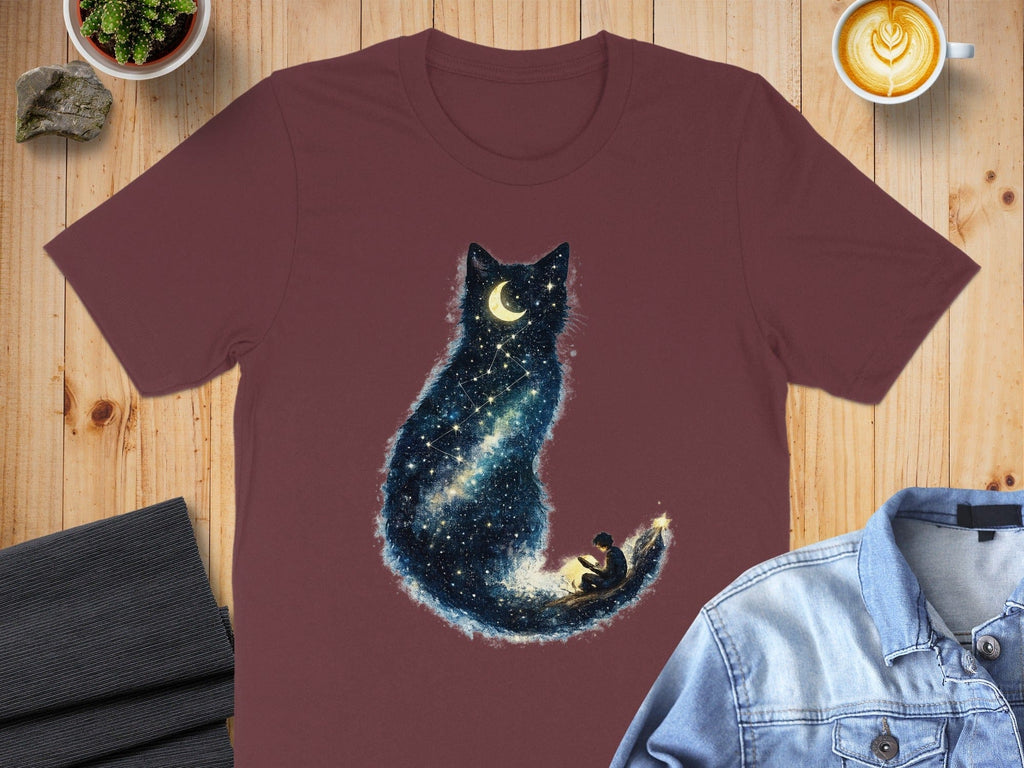 Cosmic Cat Galaxy Design T-Shirt with Moon and Stars