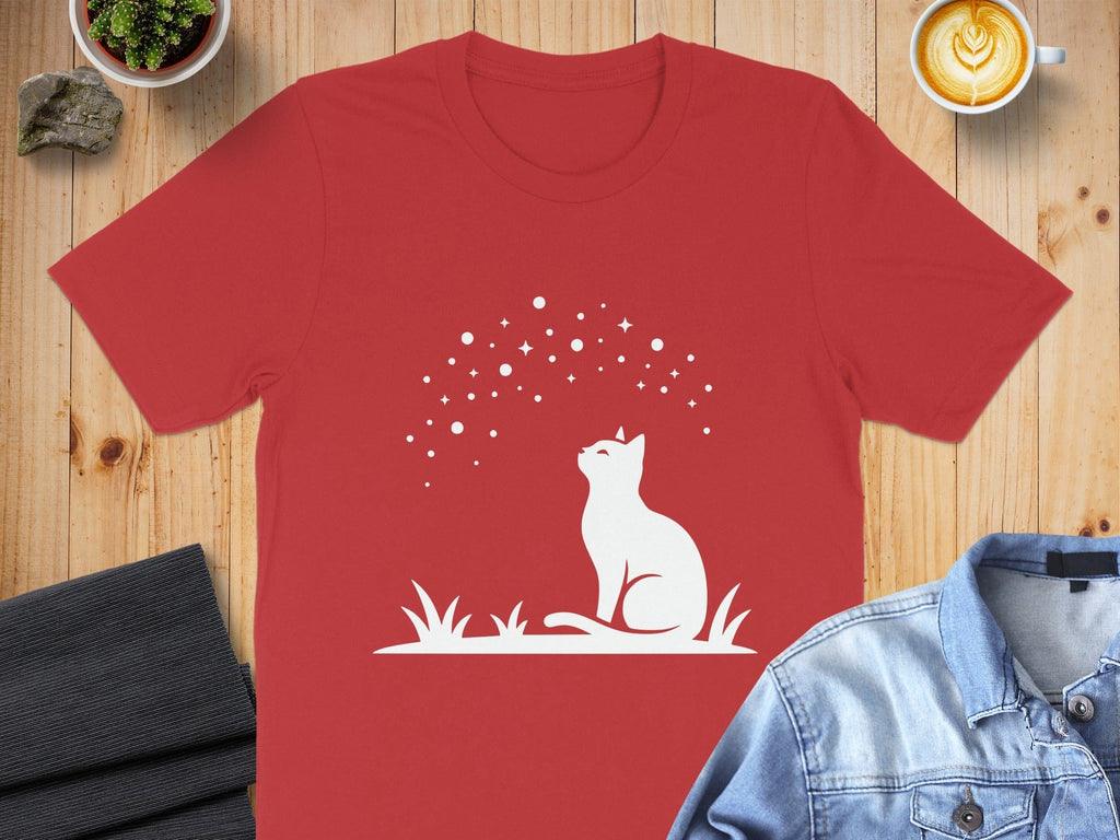 Cat gazing at stars graphic print casual t-shirt
