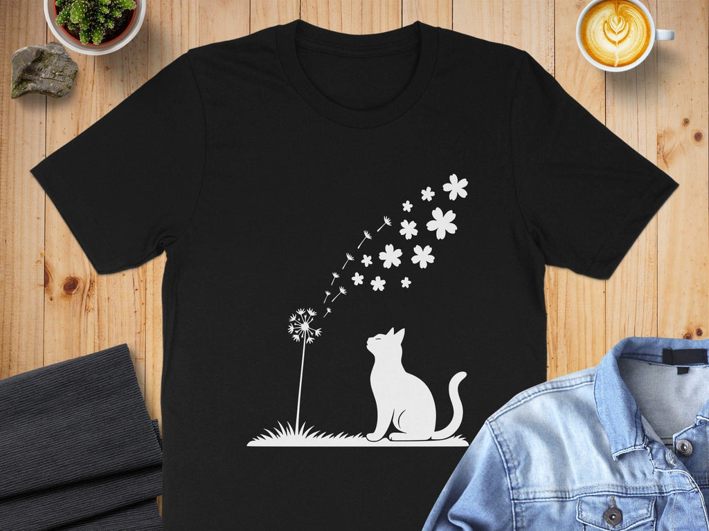 Cat and Dandelion Flower Graphic T-shirt