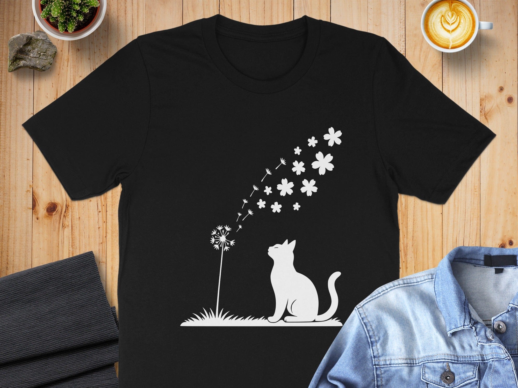 Cat and Dandelion Flower Graphic T-shirt