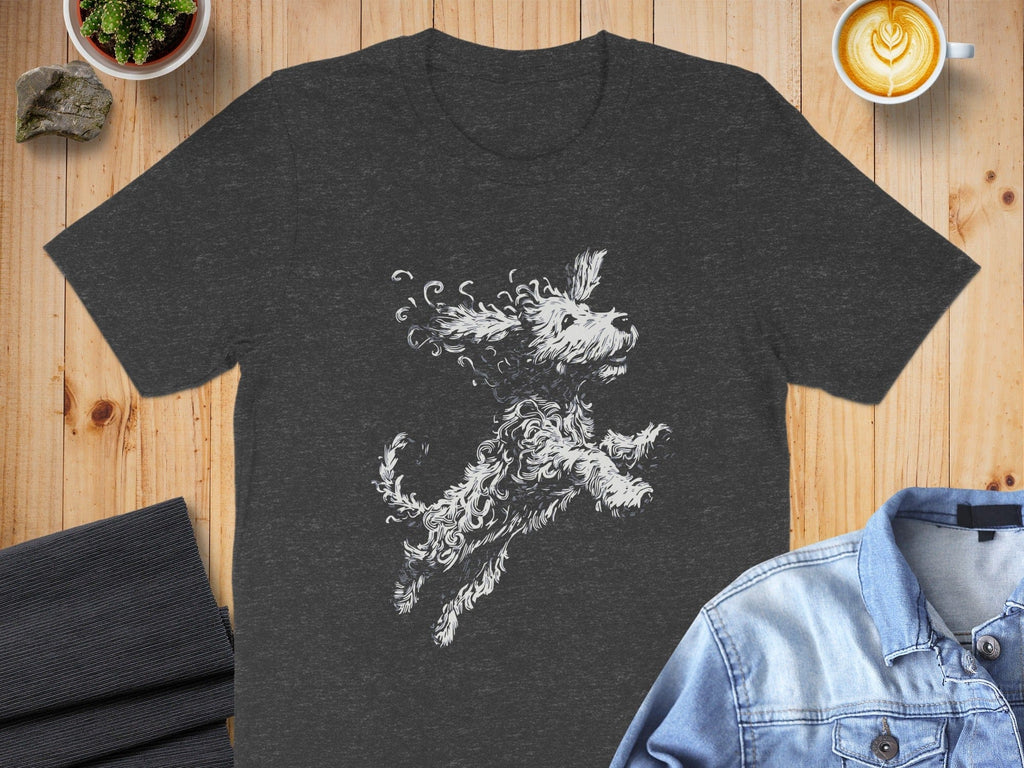Playful Dog Illustration on Dark Grey T-Shirt Product