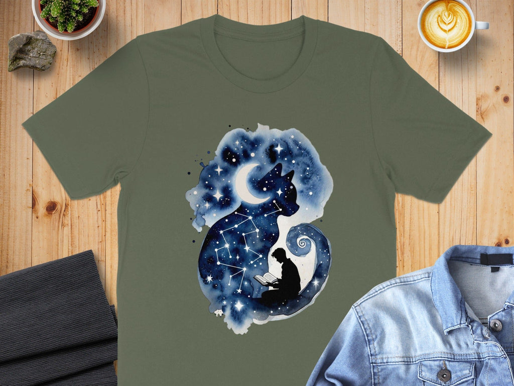 Celestial Cat and Reader Starry Night T-shirt