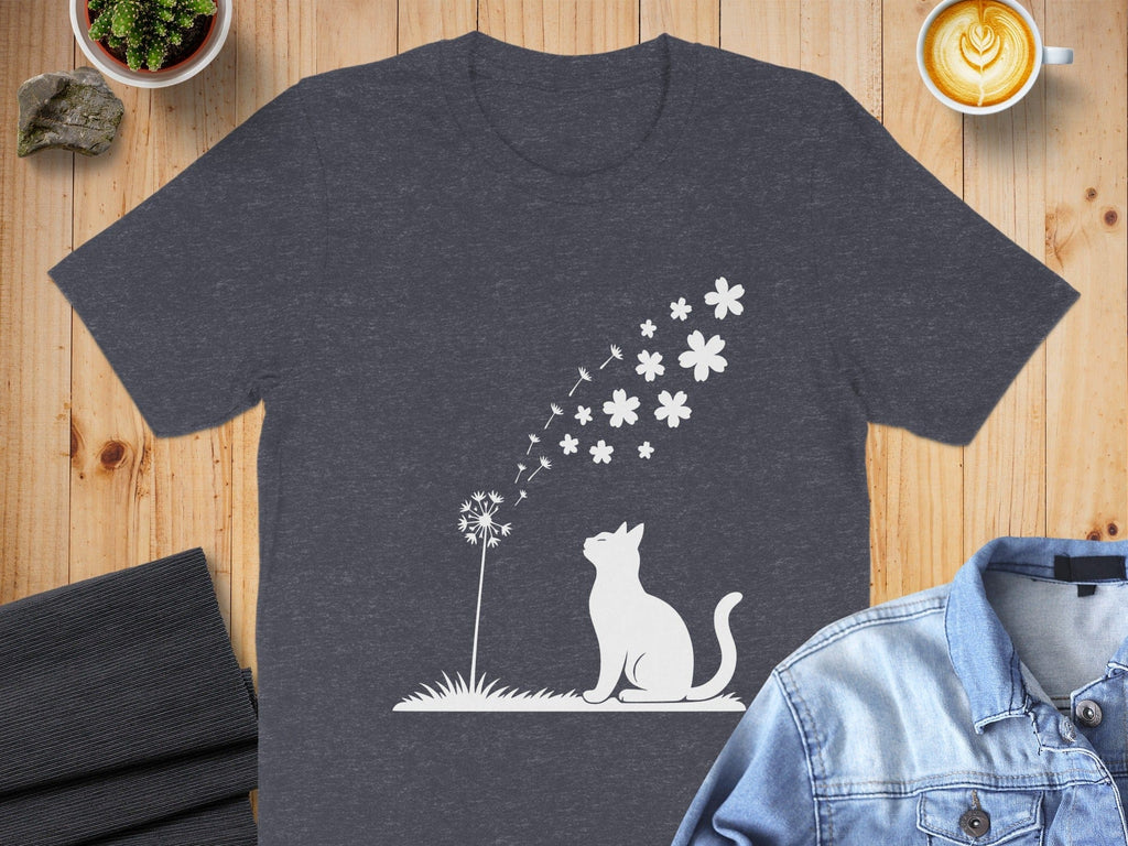 Whimsical Cat and Dandelion Graphic T-Shirt