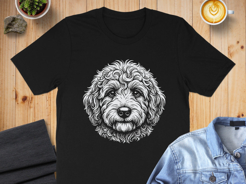 Detailed Sketch of Dog Face Print on Black Shirt