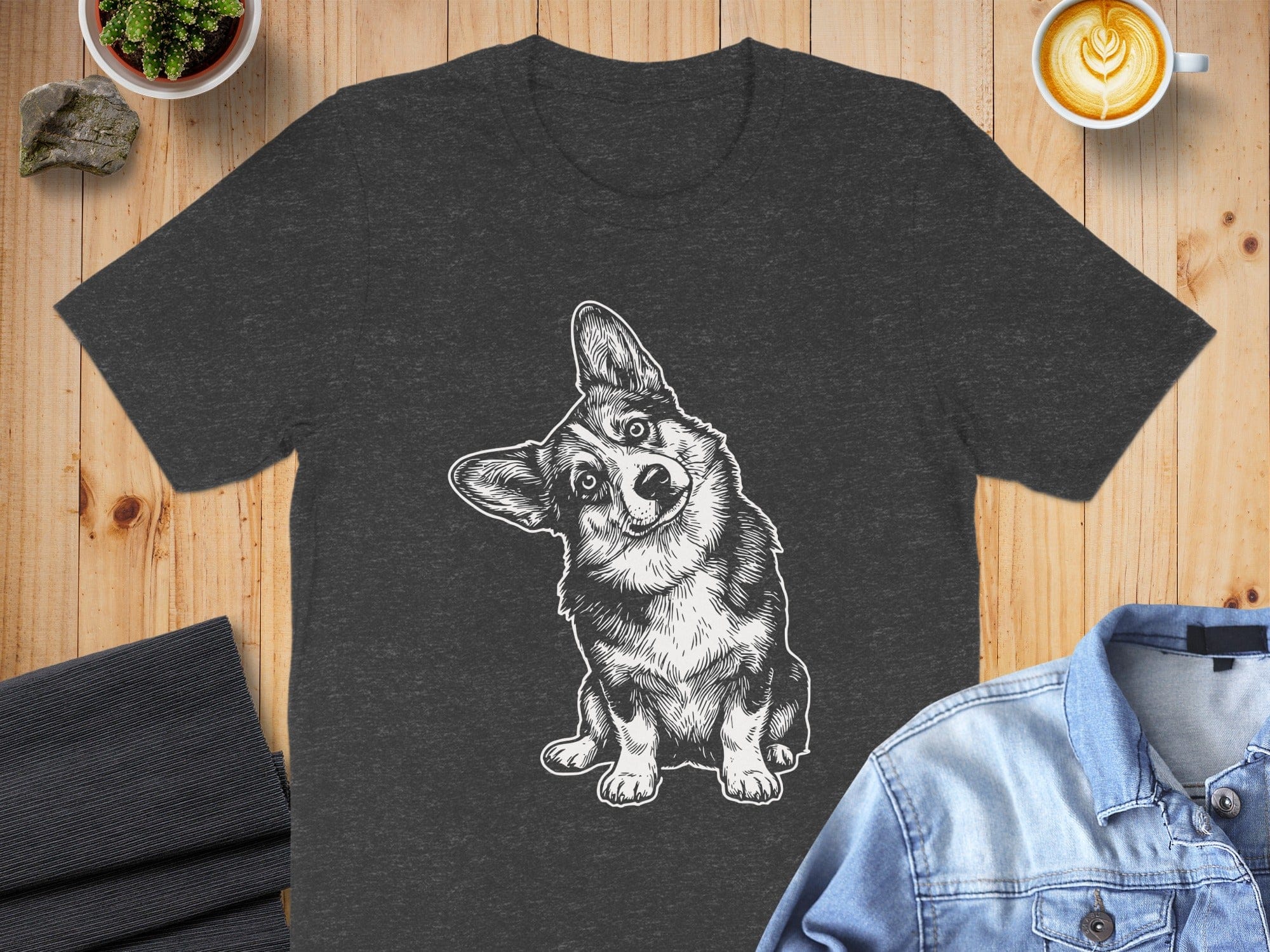 Adorable Corgi Print on Charcoal Grey T-Shirt Design