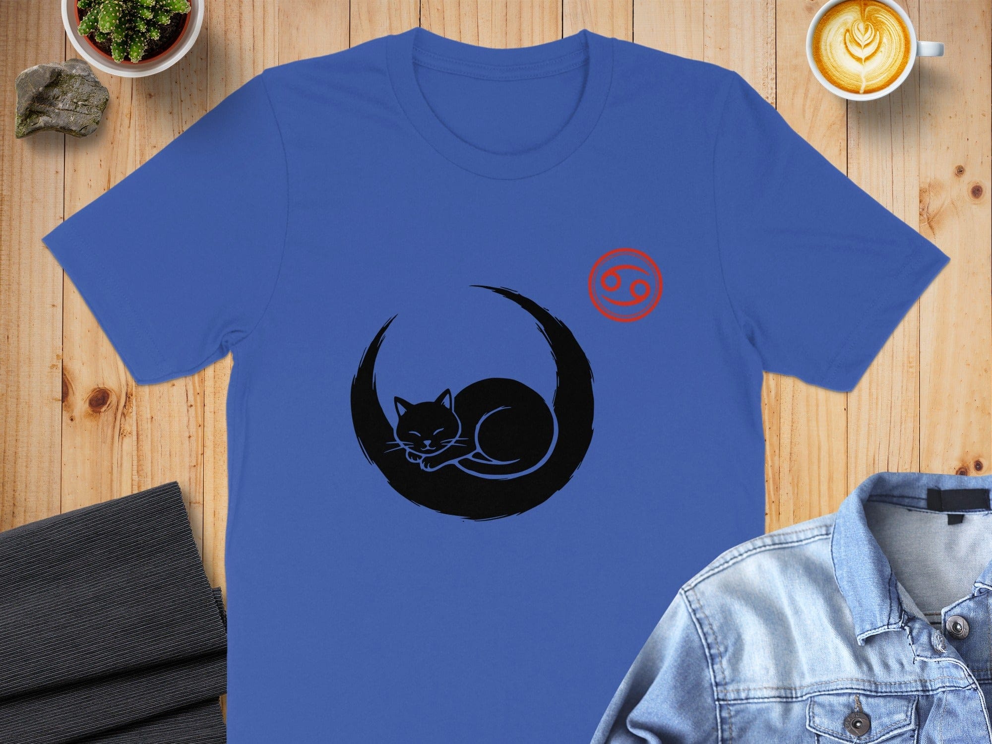 Blue Shirt with Sleeping Cat and Red Symbol Graphics