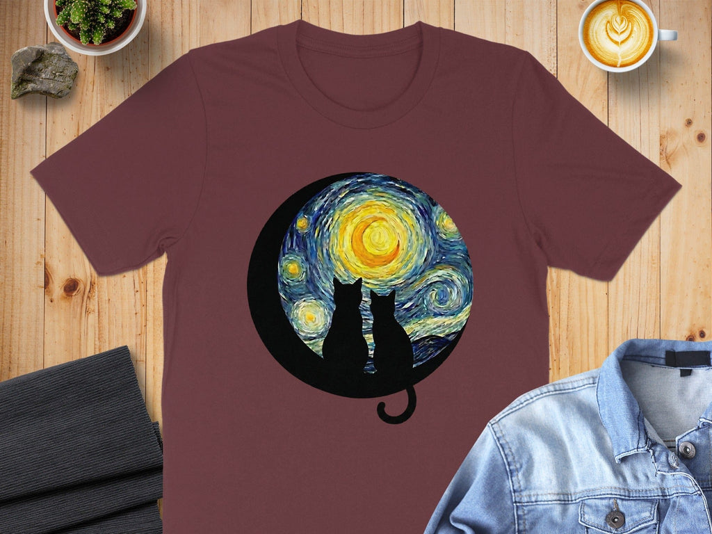 Starry Night Cats Silhouette T-Shirt for Art Lovers