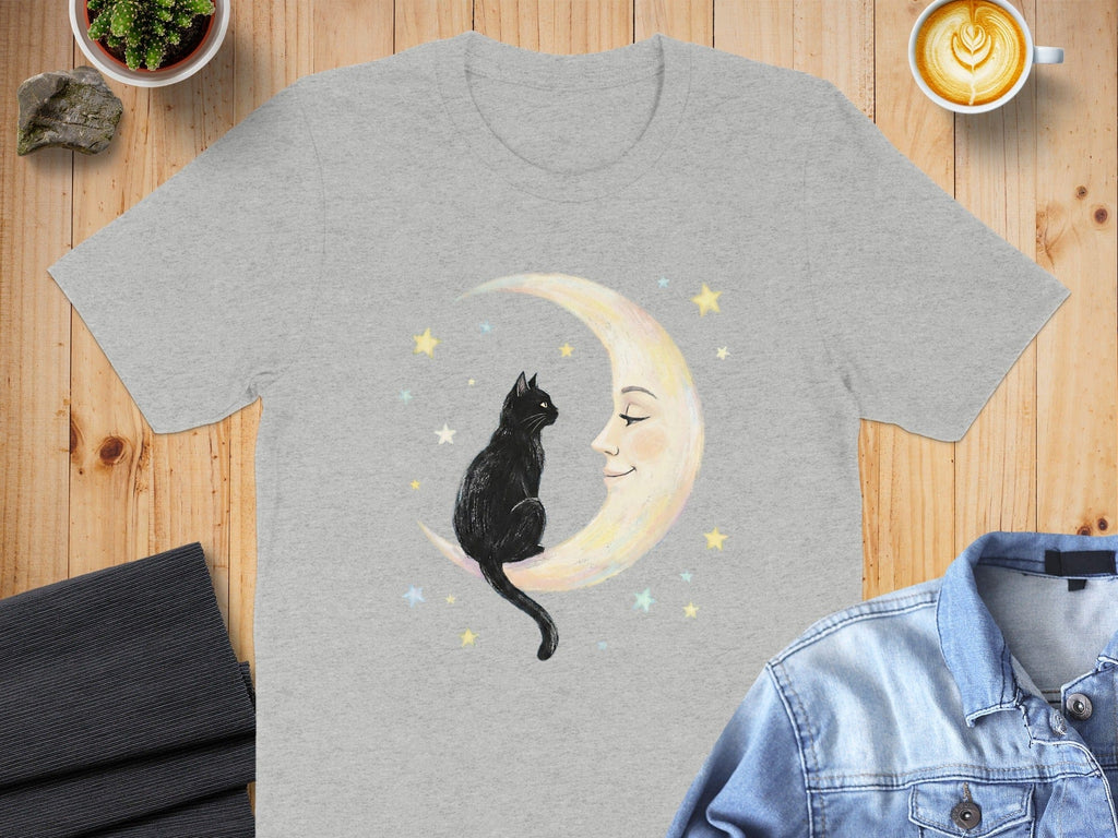 Black Cat and Moon with Stars Graphic T-Shirt
