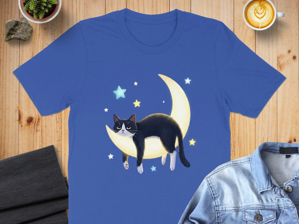 Moon and Stars Cat Design Blue T-Shirt