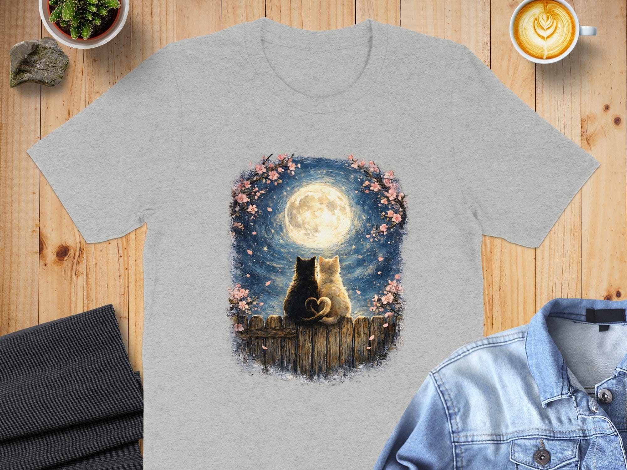 Cute Cats Under Full Moon Night Sky Art T-shirt