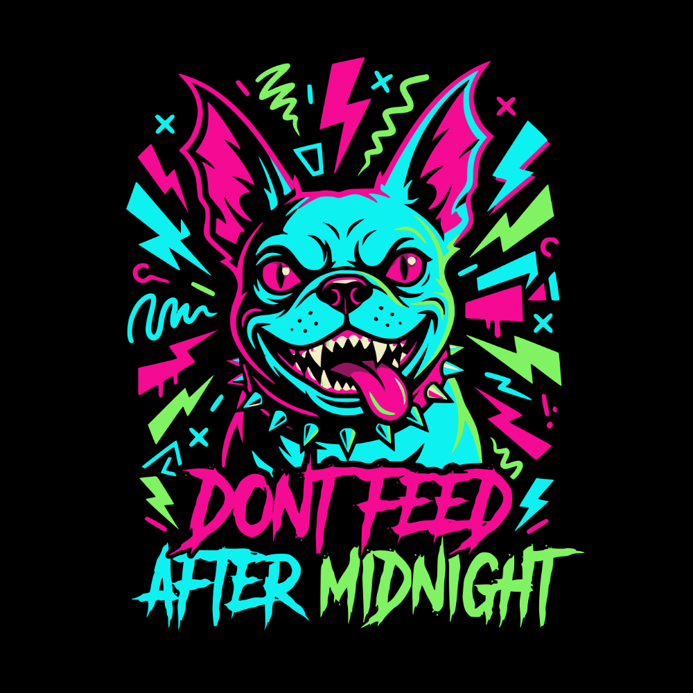 Vibrant Dog Design with Don't Feed After Midnight