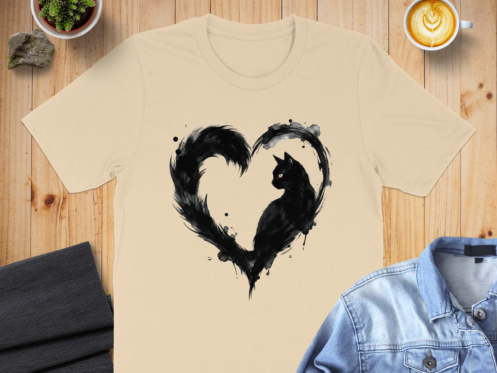 Artistic Black Cat Heart Design Shirt for Cat Lovers