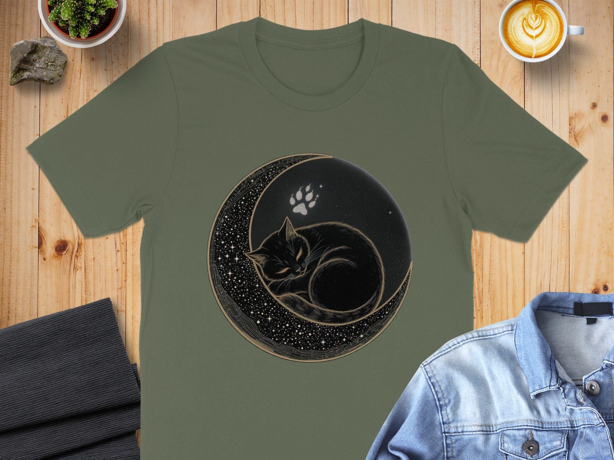 Celestial Cat Sleeping on Crescent Moon Graphic Tee