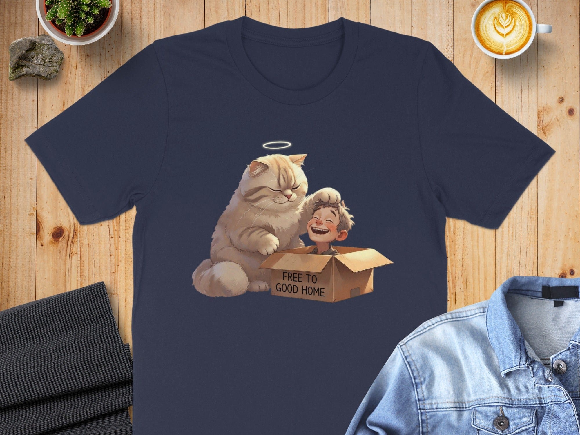 Free to Good Home Box Cat Angel and Happy Kid T-Shirt