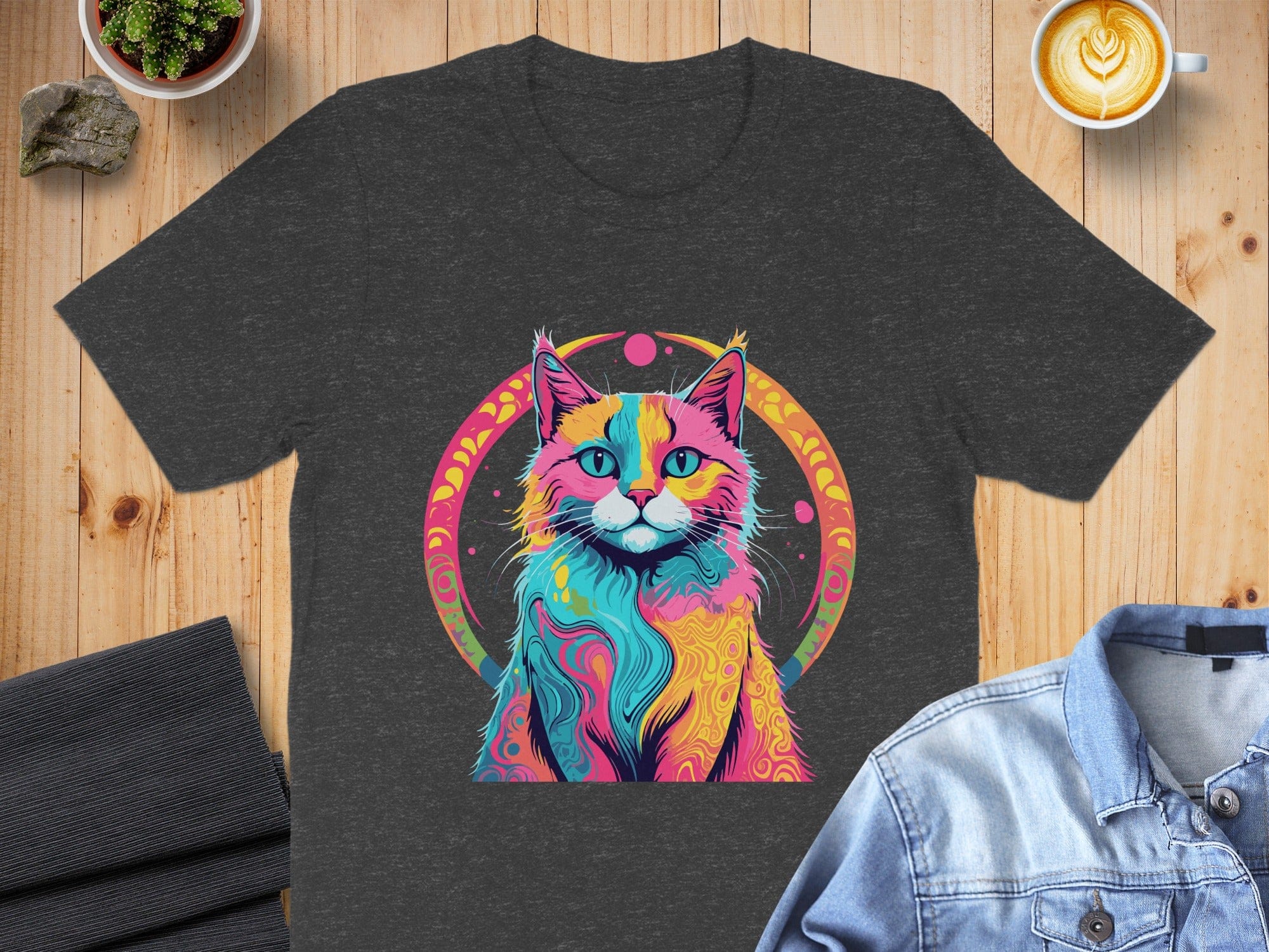 Vibrant Multicolor Cat Artistic Graphic T-shirt