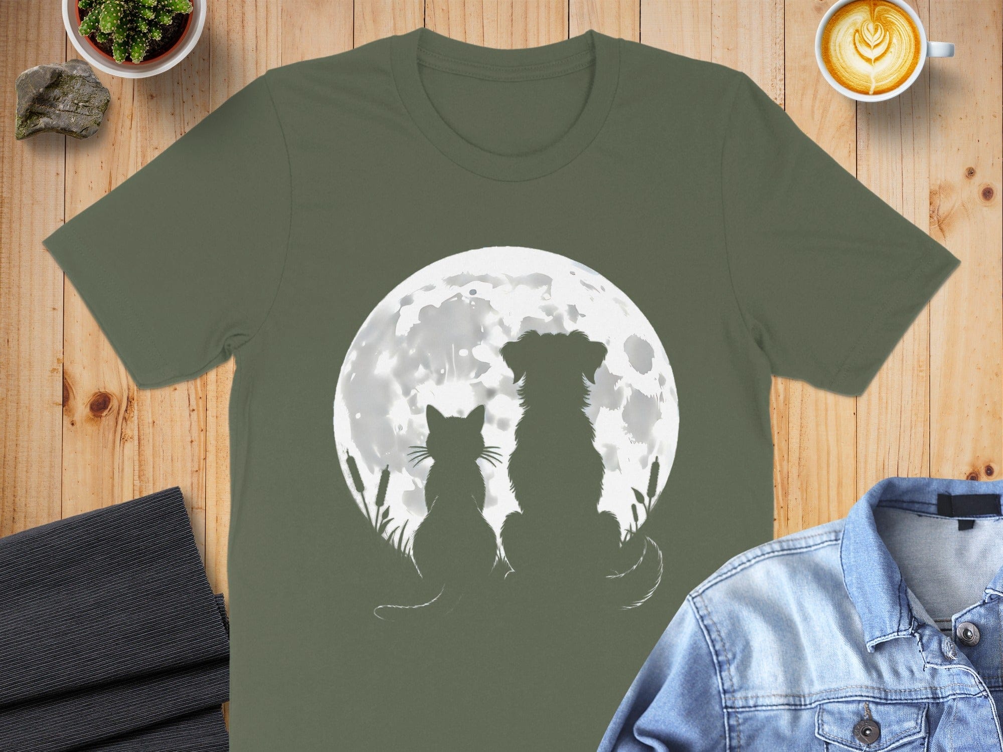 Full Moon Silhouettes of Cat and Dog on T-Shirt