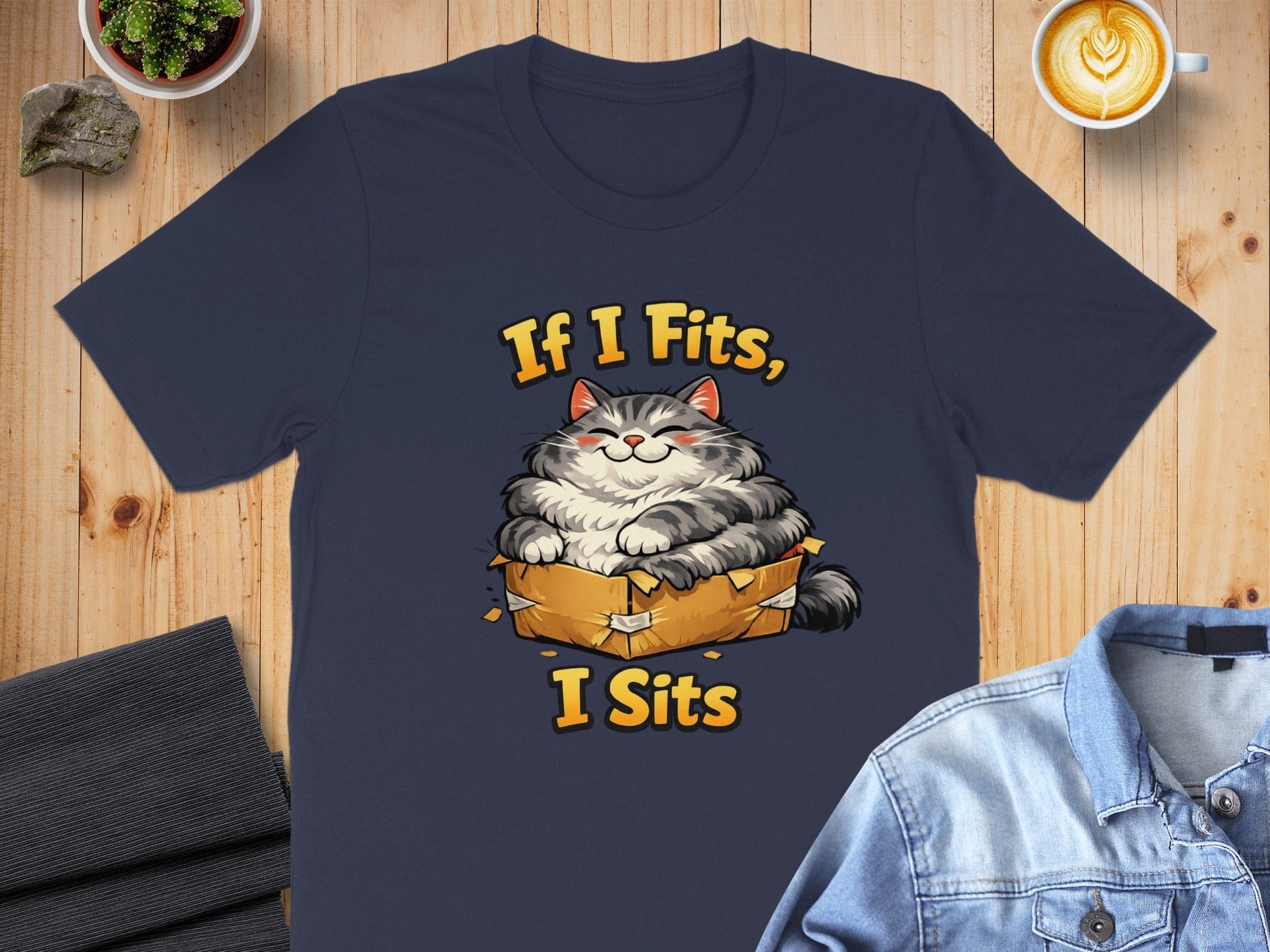 If I Fits I Sits Funny Cat Illustration Tee Shirt