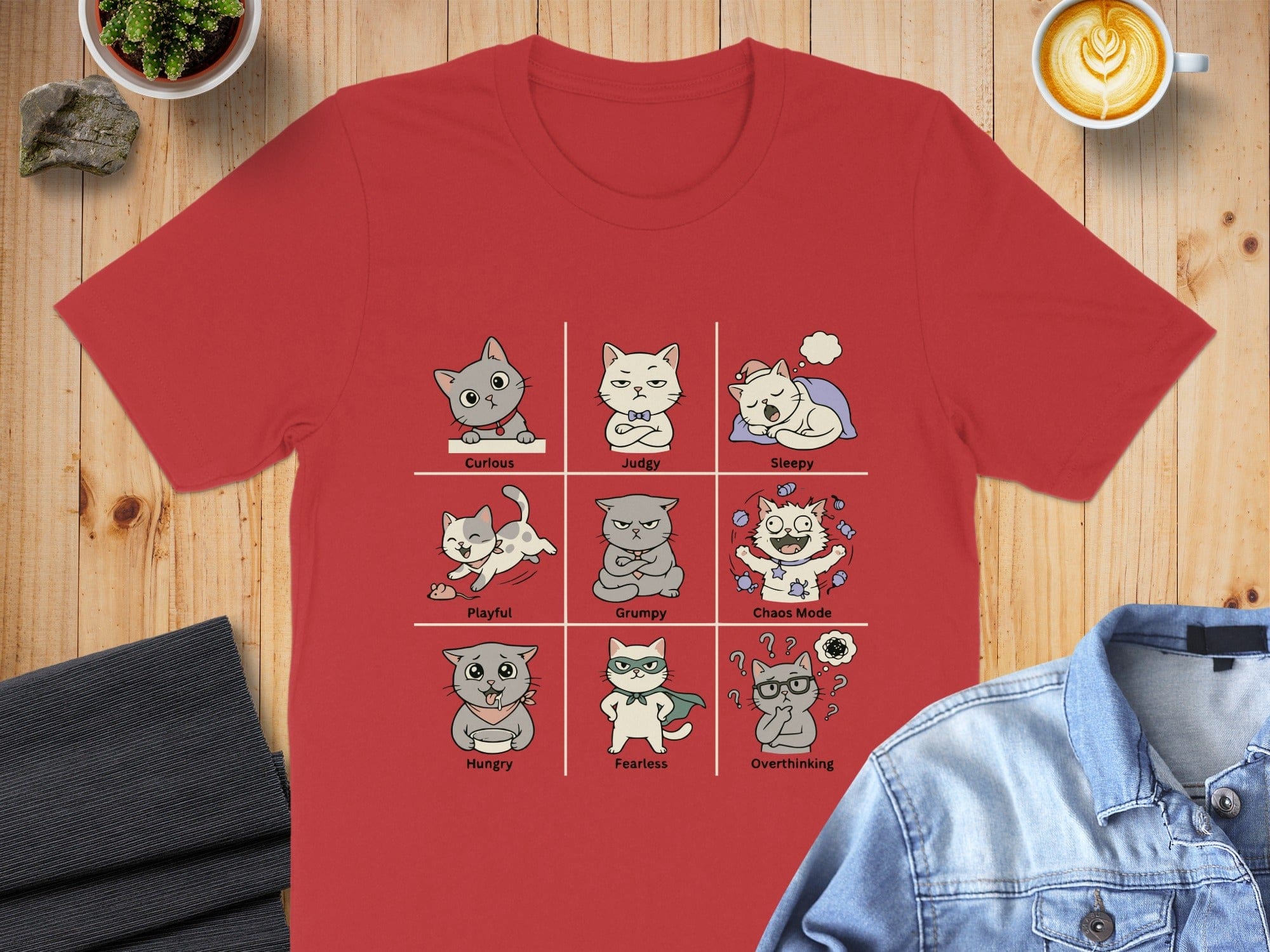 Cute Cat Expressions Graphic Red T Shirt
