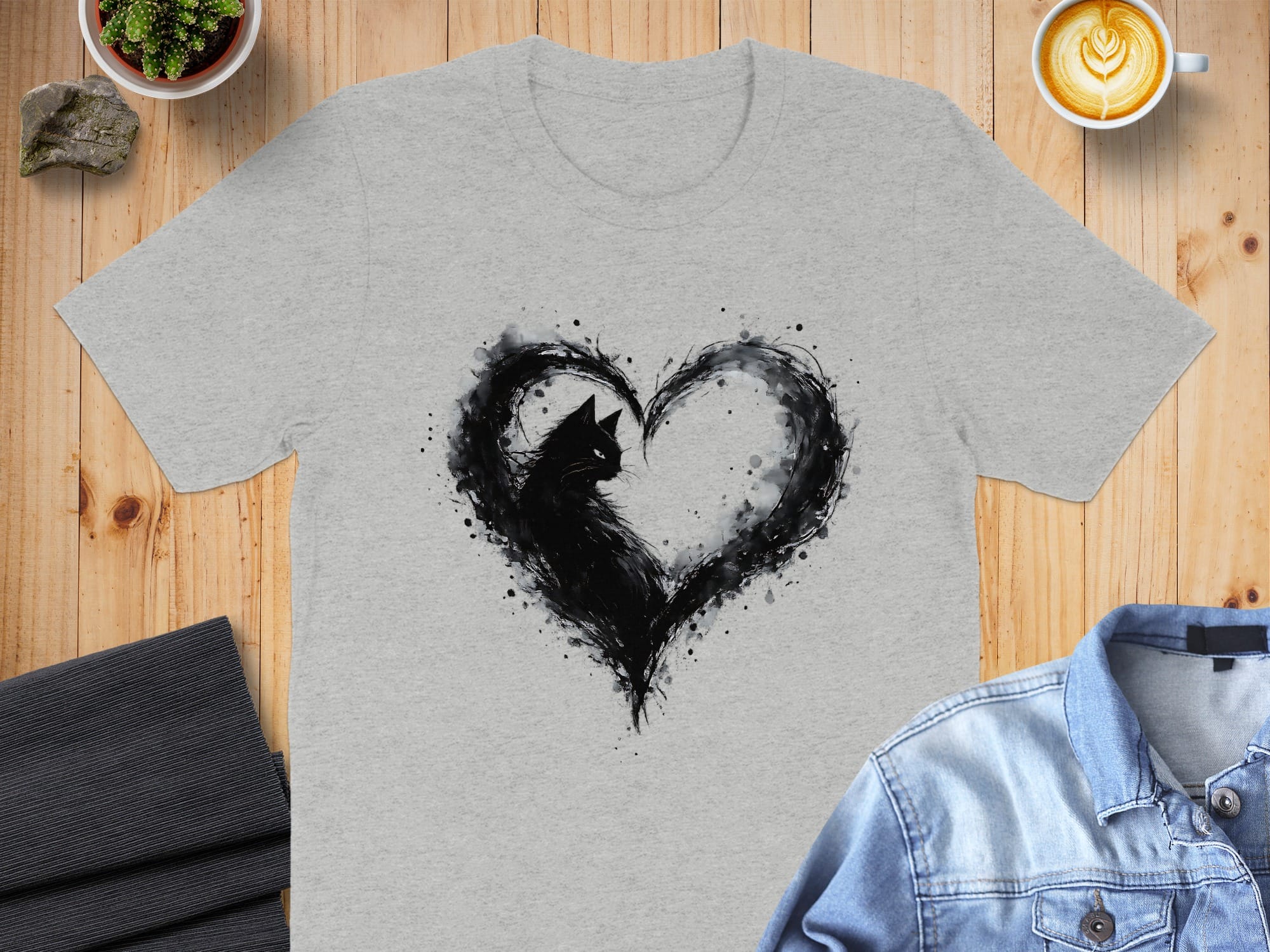 Black Cat and Heart Graphic Print Grey T-Shirt