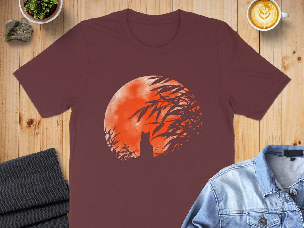 Cat and Moon Design on Dark Red T-shirt