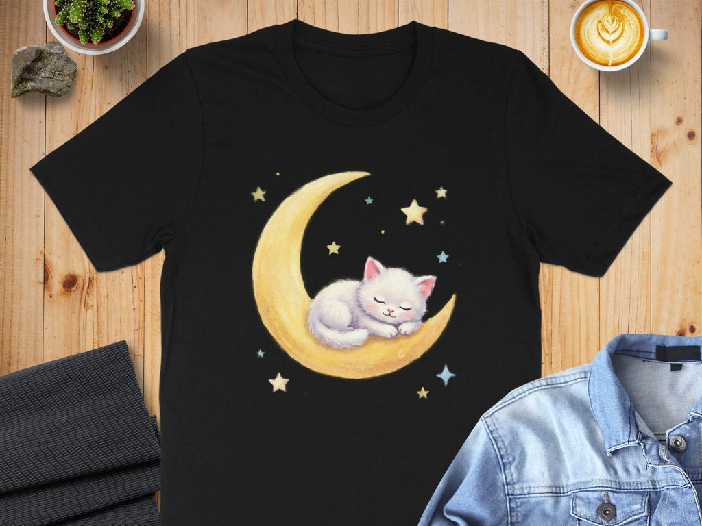 Cute Sleeping Kitten on Moon with Stars T-shirt