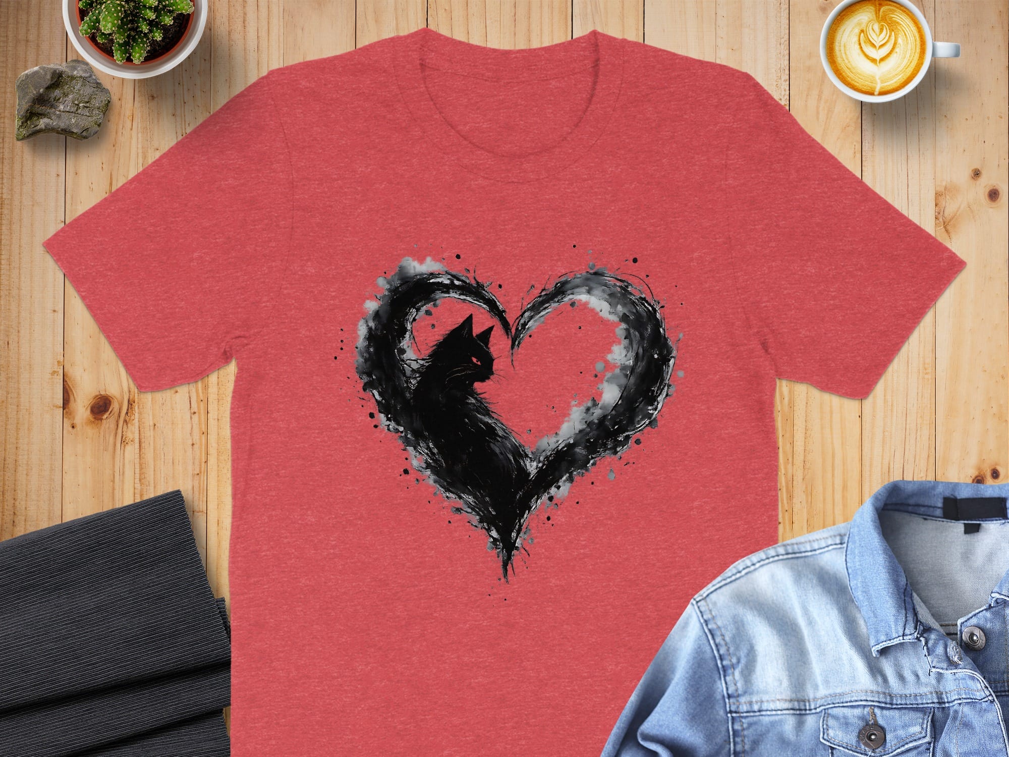 Cat Silhouette Heart Graphic Print on Red T-Shirt