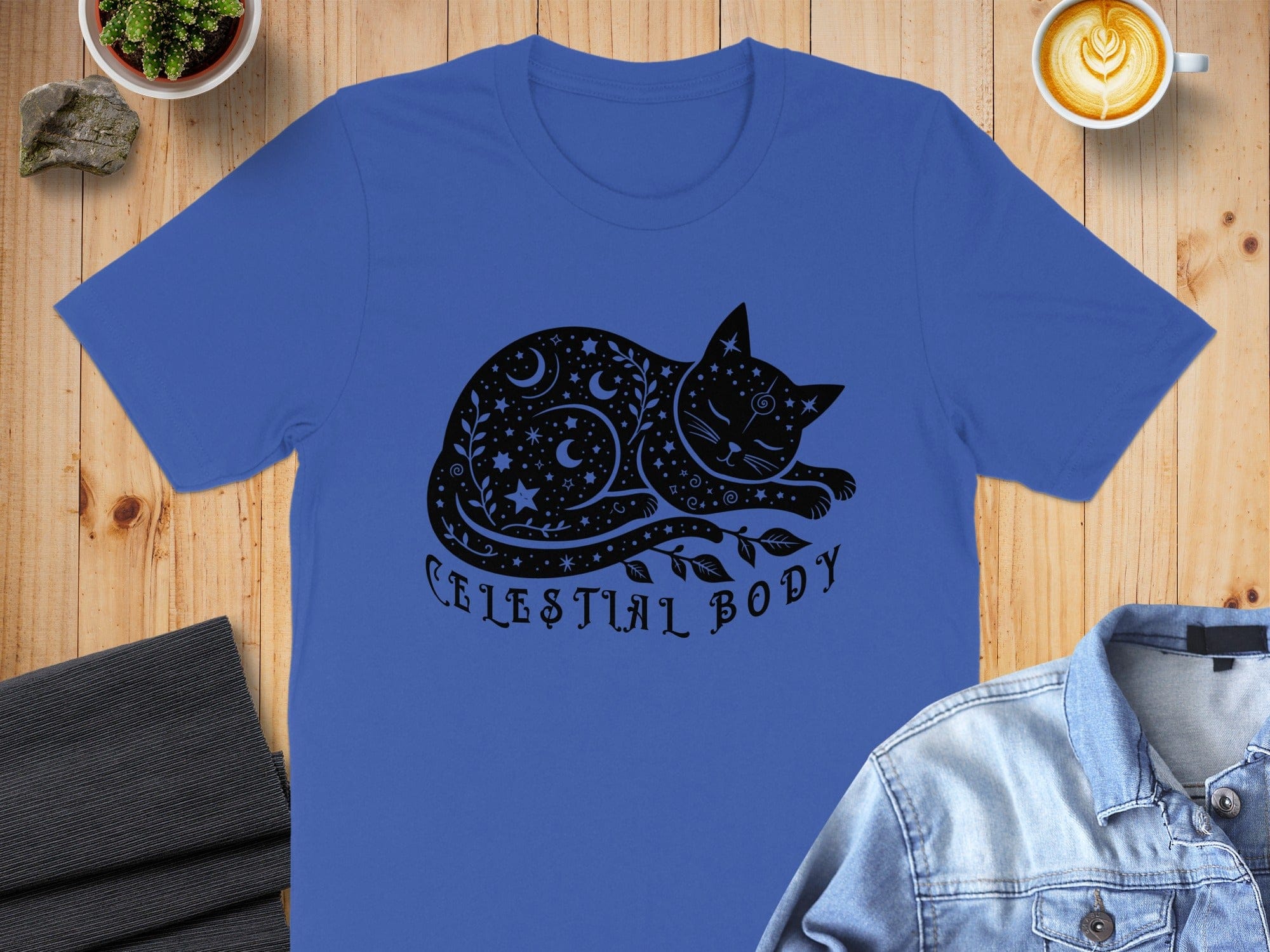 Celestial Body Cat Design Blue Graphic T-Shirt