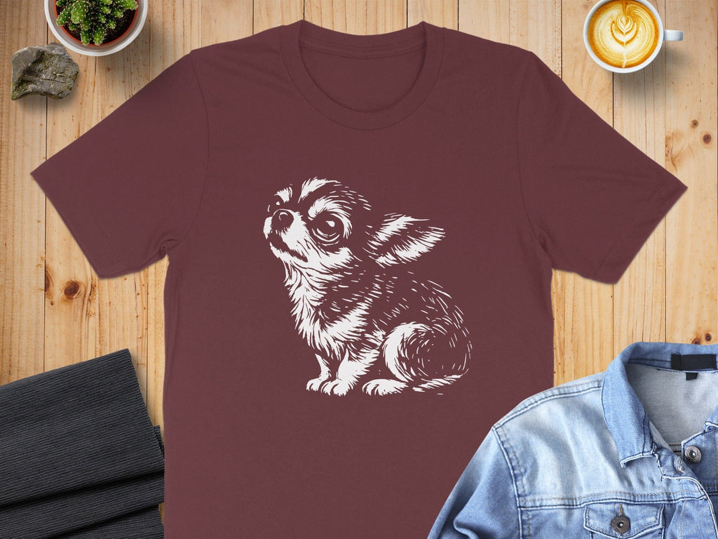 Cute Chihuahua Graphic on Burgundy T-Shirt Product