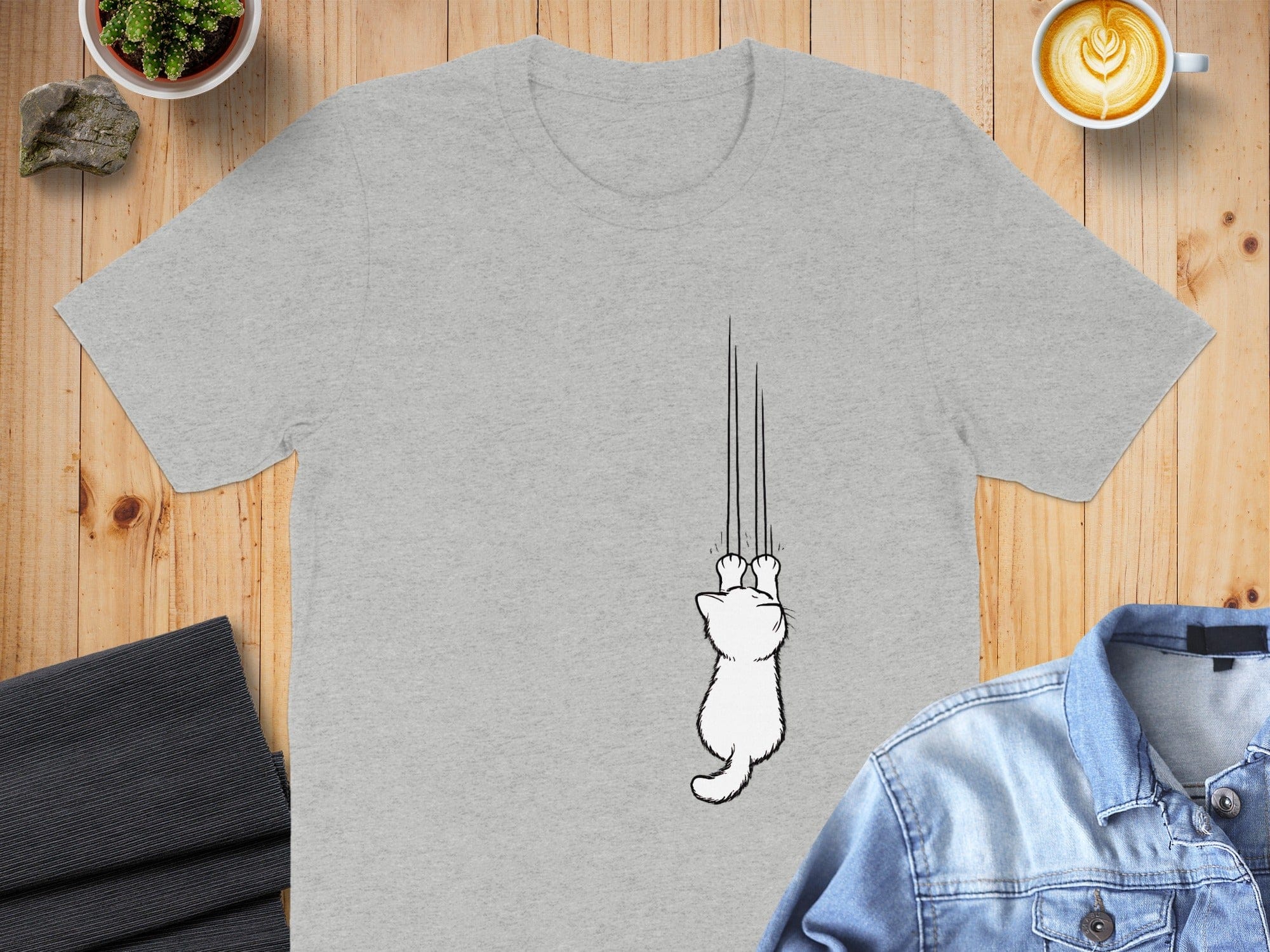 Adorable Cat Climbing Print on Grey Short Sleeve T-Shirt