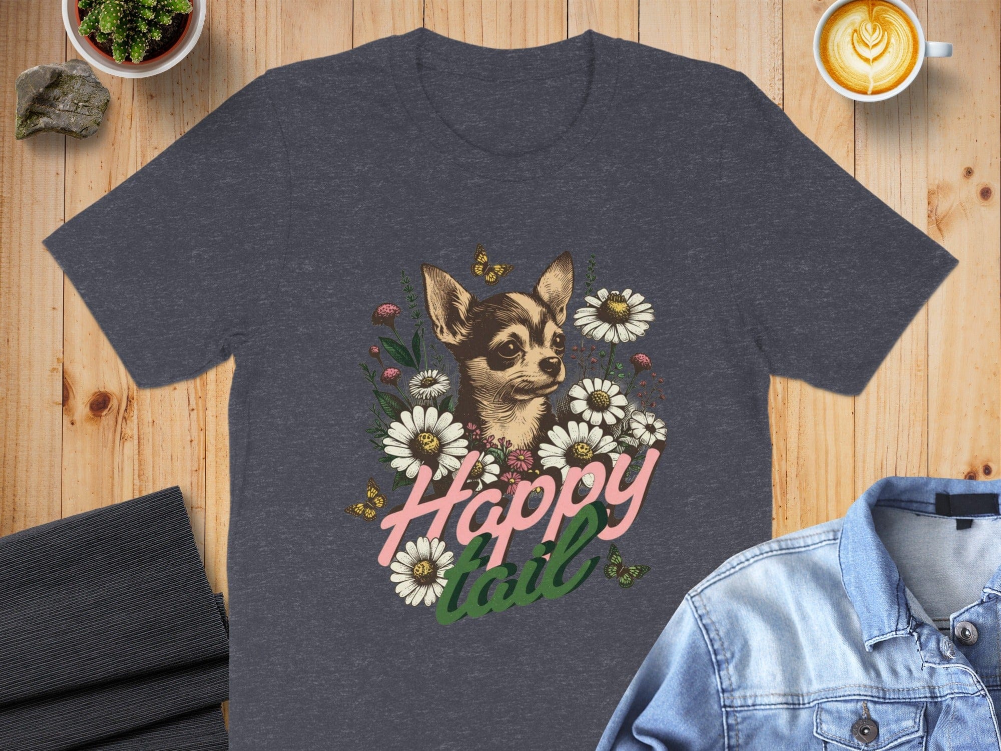 Happy Tail Graphic T-Shirt with Dog and Flowers