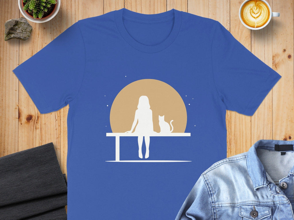 Silhouette of Woman and Cat with Sun Graphic T-shirt