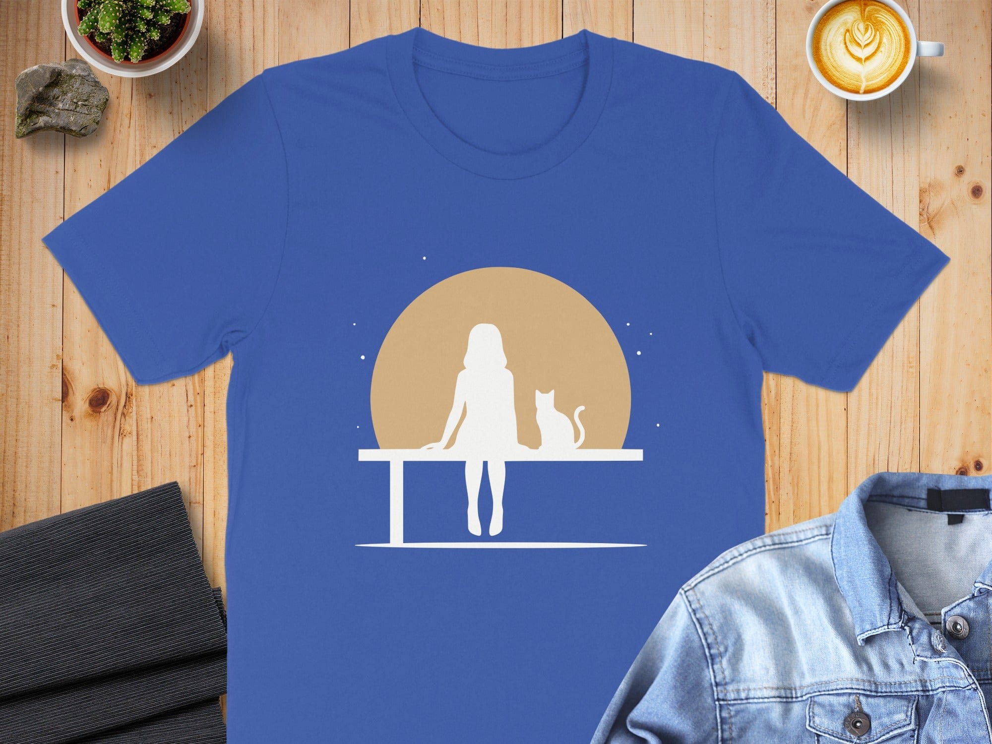 Silhouette of Woman and Cat with Sun Graphic T-shirt