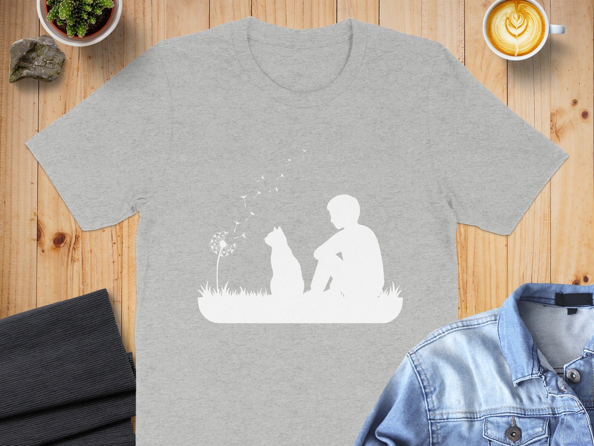 Whimsical Tee with Boy and Cat Silhouette Design