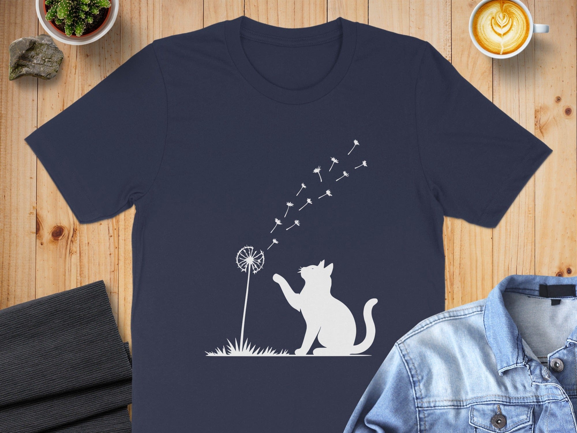 Whimsical Cat and Dandelion Design T-Shirt
