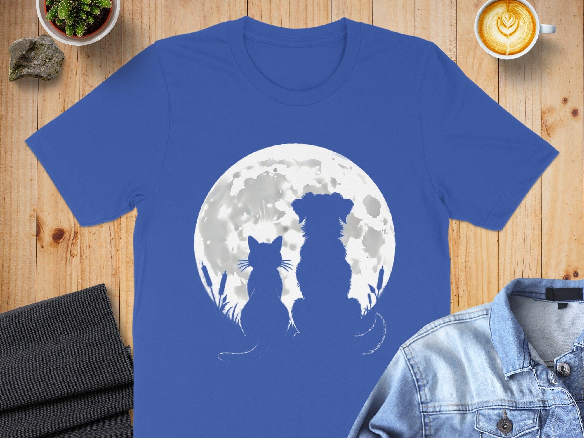 Cat and Dog Silhouette Under Moonlight Design Shirt