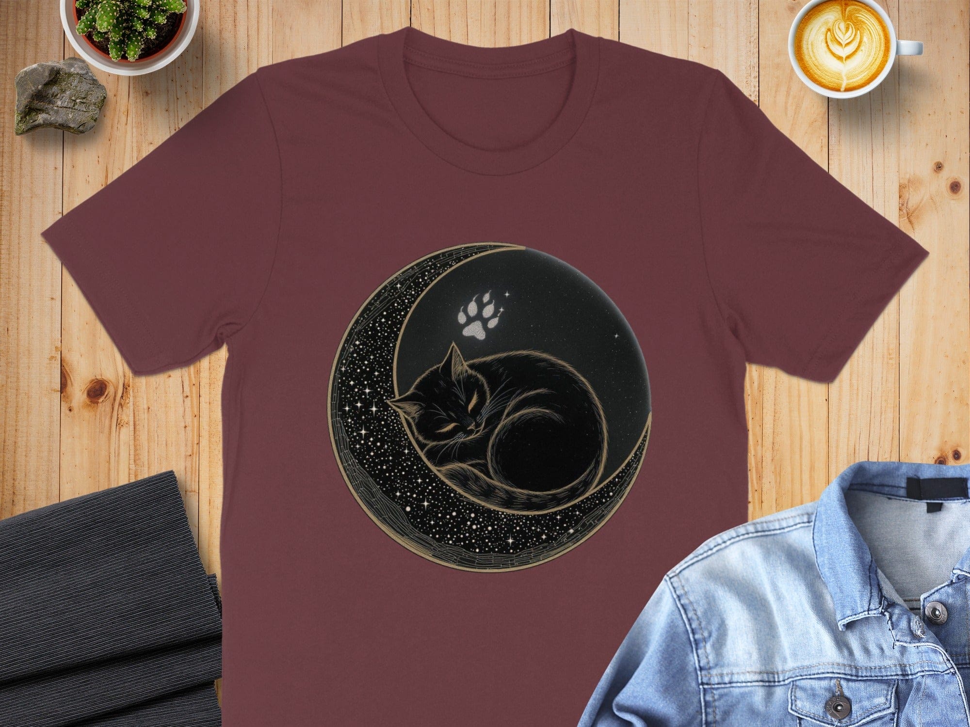 Celestial Cat Graphic Design on Brown T Shirt