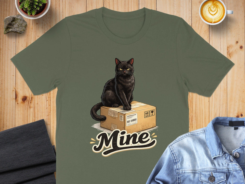 Black Cat Sitting on Box with Mine Text T-shirt