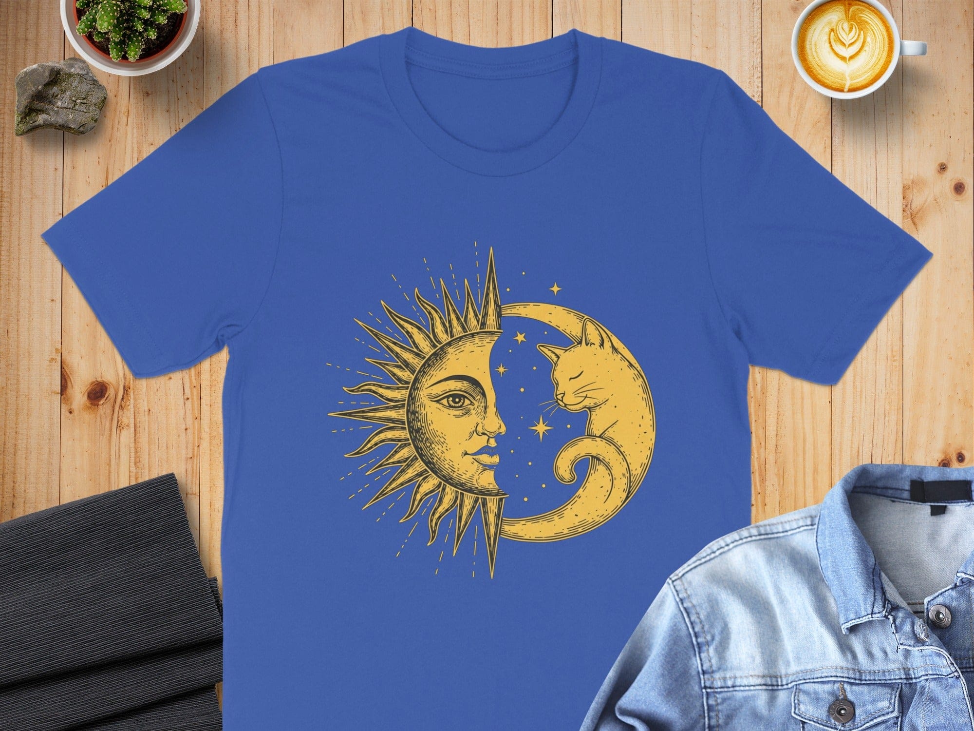 Sun and Moon with Cat Graphic on Blue Shirt