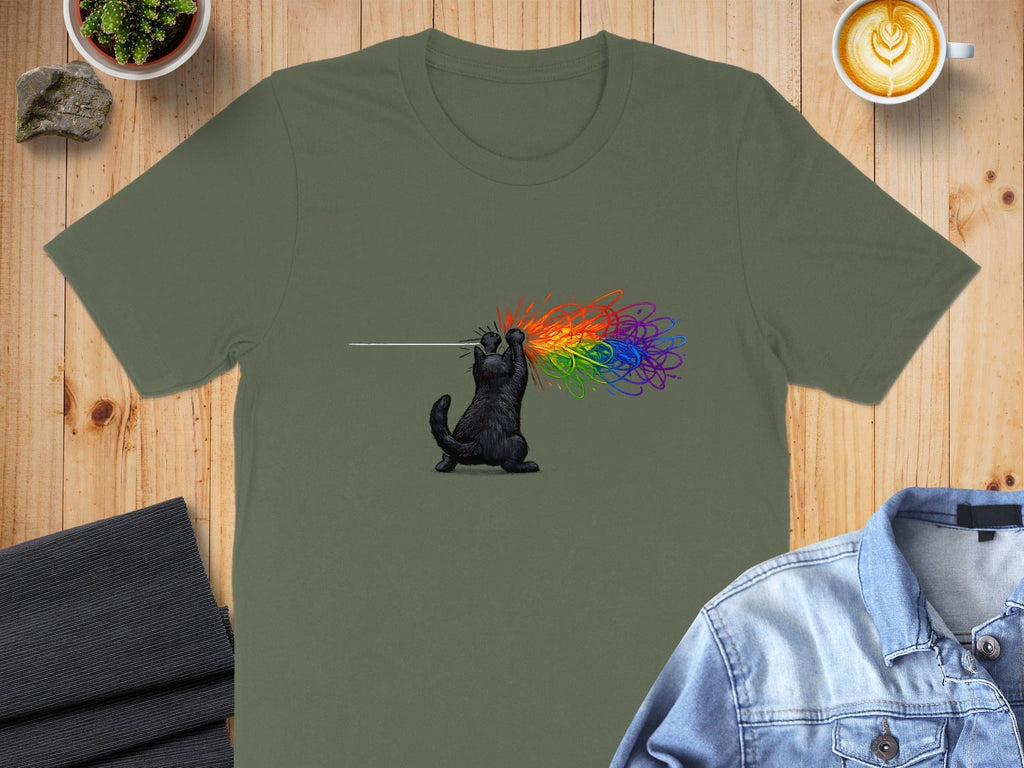 Cat Spitting Rainbow Design T-Shirt for Fun Casual Wear