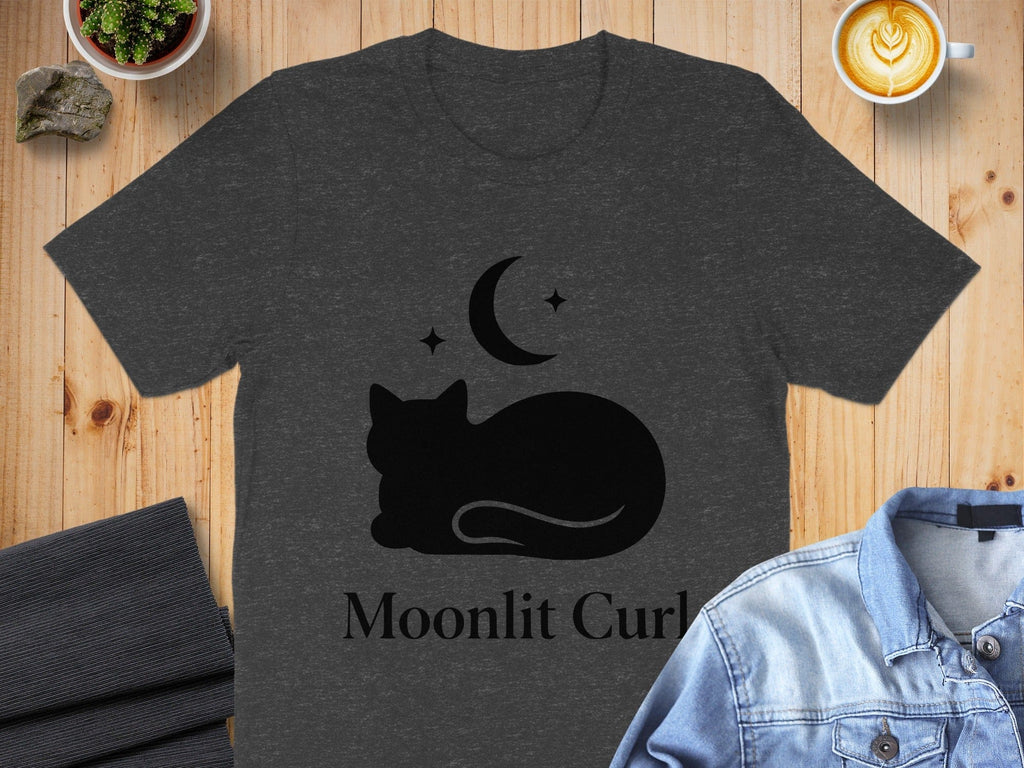 Moonlit Curl Cat T-Shirt with Minimalist Design
