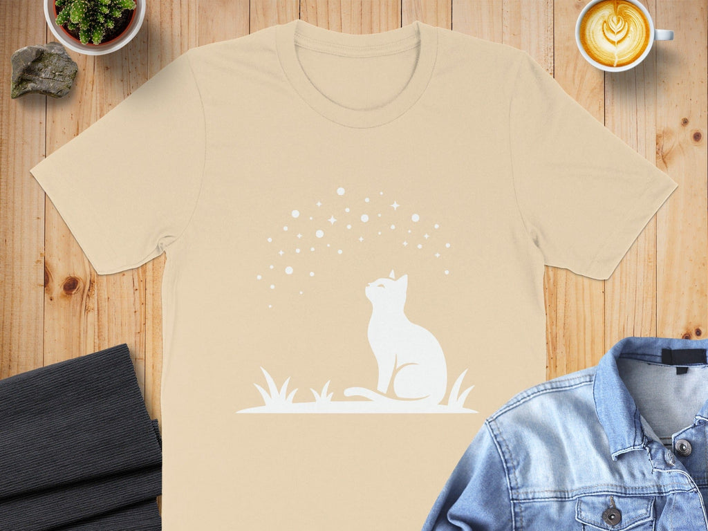 Moonlit Cat Silhouette Design on Trendy Beige Shirt