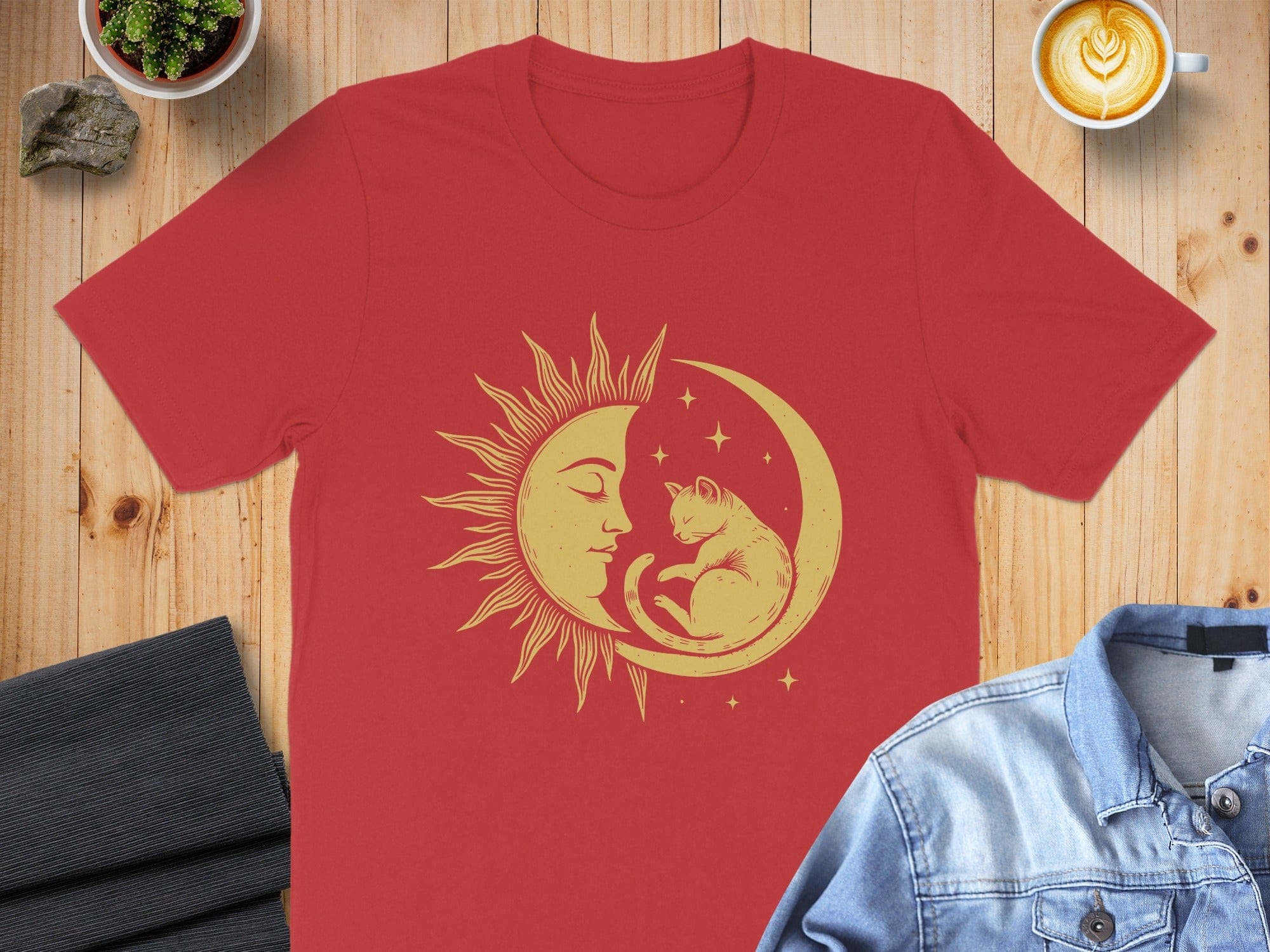 Sun Moon and Cat Graphic Design T-Shirt