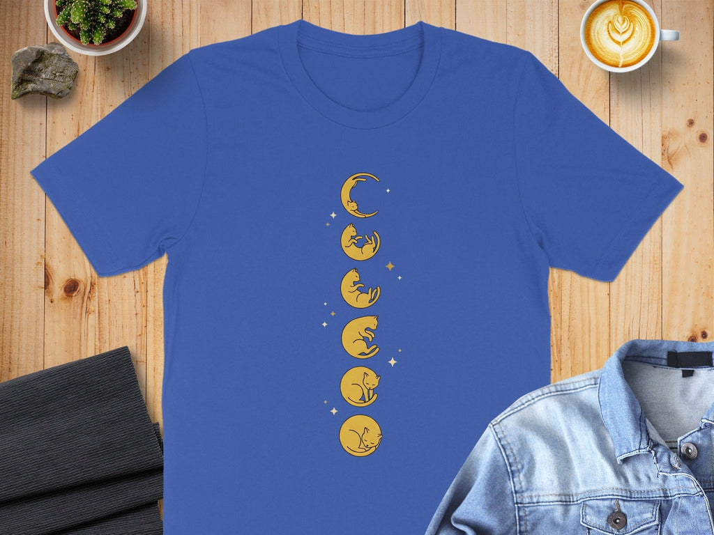 Moon Phases Cat Design Blue T-Shirt