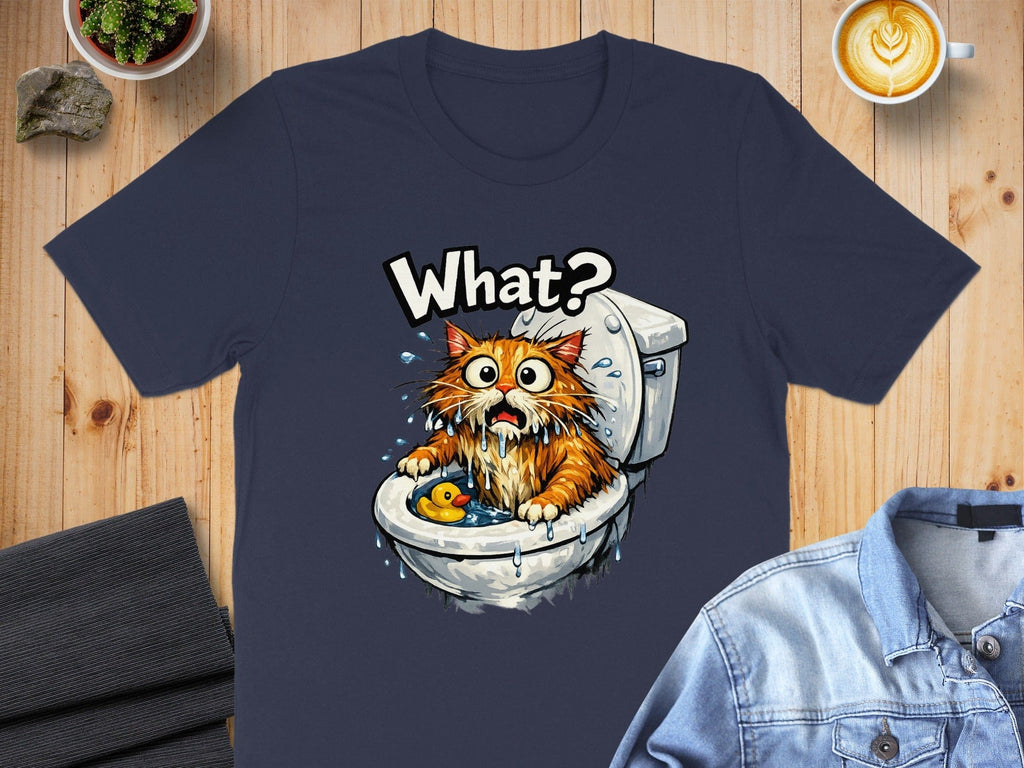 Funny Cat in Toilet Graphic 'What?' T-Shirt