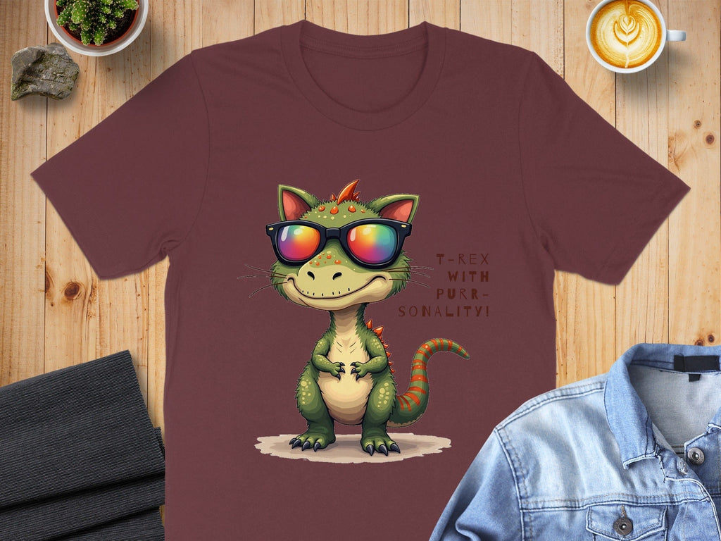 T-Rex with purr-sonality sunglasses cat tee