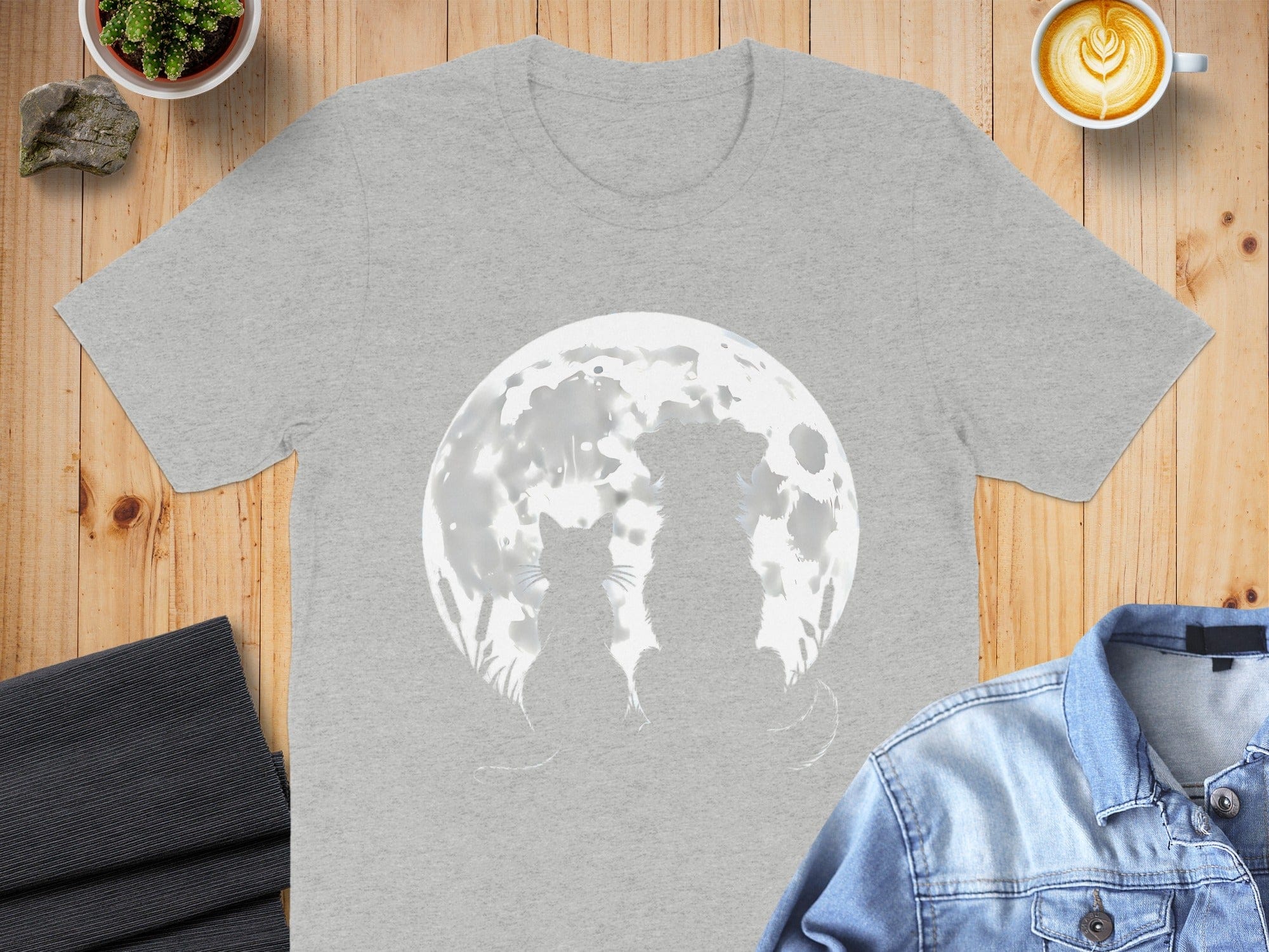Cat and Dog Sitting Under Full Moon T-shirt
