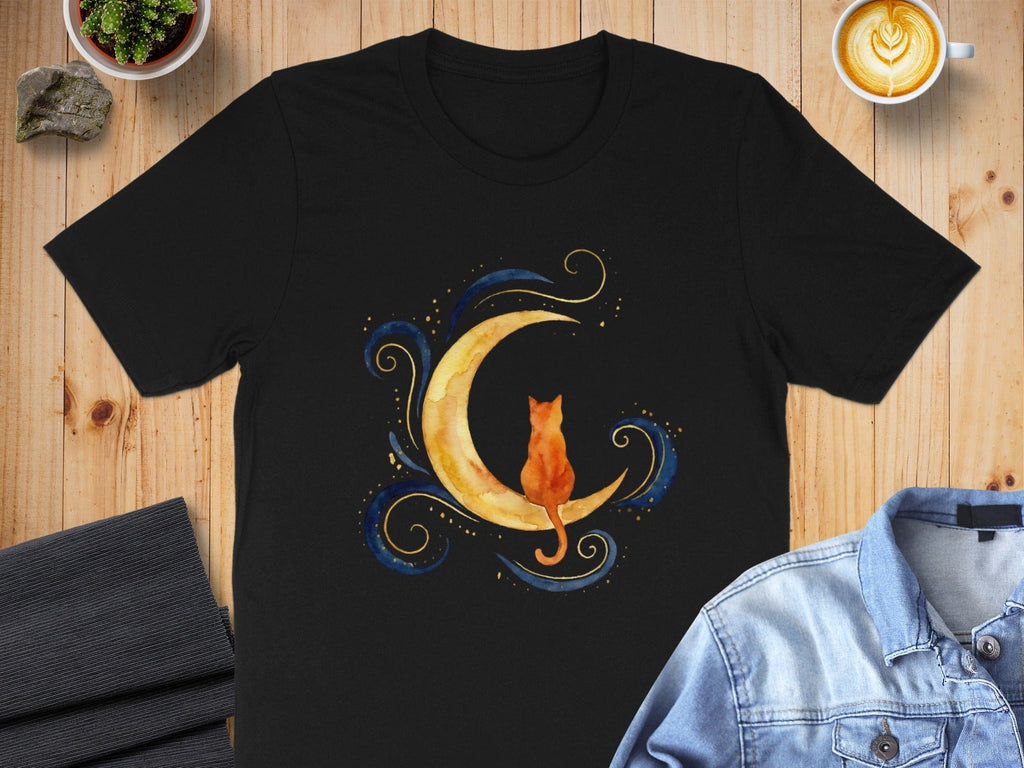Cat on Crescent Moon Artistic Design T-Shirt Product