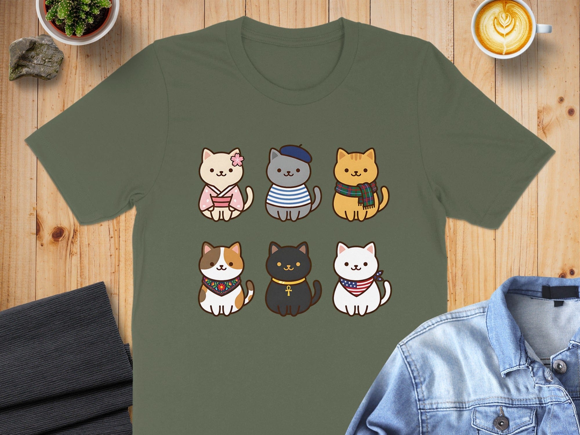 Cute Cartoon Cat Characters Green T-shirt Product