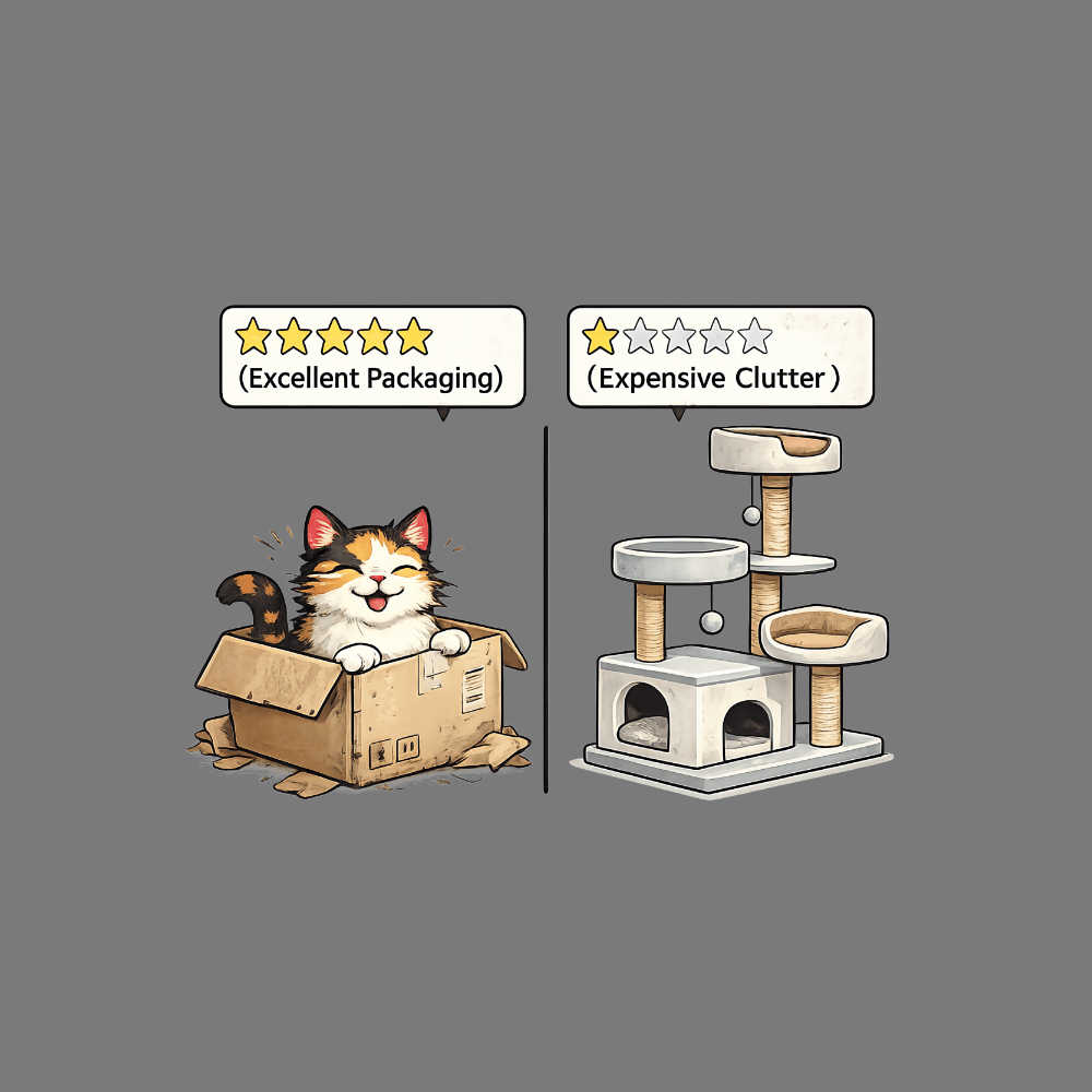 Funny Cat in Box vs Cat Tree Meme Design Illustration